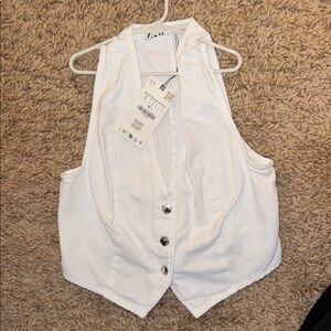 Zara White Sleeveless Denim Button-Up Top